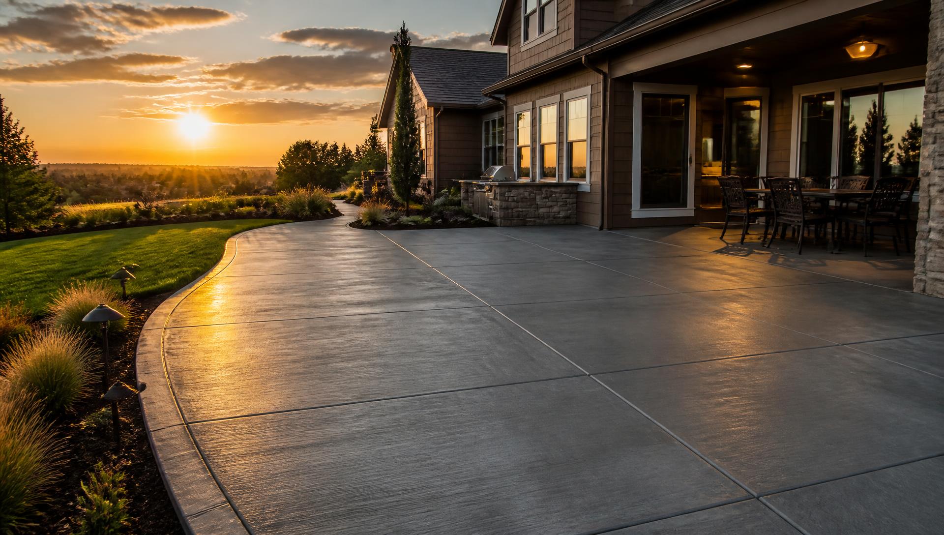 Freshly finished concrete patio behind a home